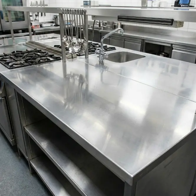 plan de travaille inox Plan de travail inox sur mesure avec évier dans une cuisine professionnelle